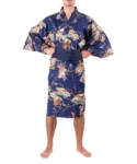 Straight on view of model wearing navy samurai warrior happi kimono, with a navy obi belt