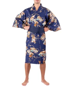 Straight on view of model wearing navy samurai warrior happi kimono, with a navy obi belt