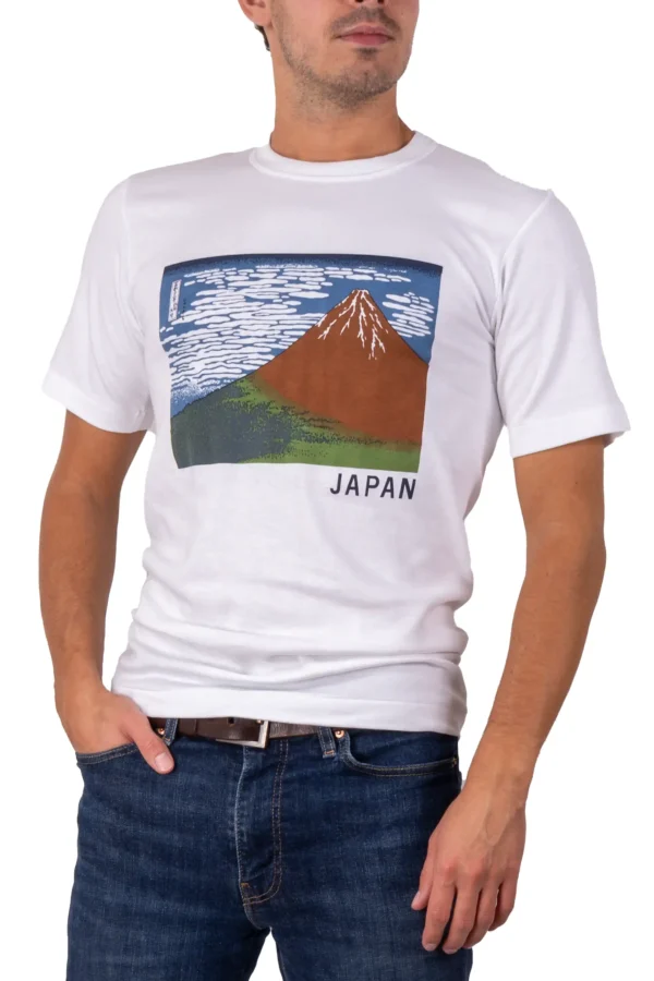 Unisex White T-Shirt with Red Fuji by Hokusai Print