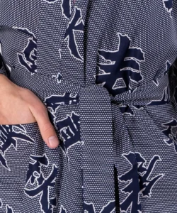 Belt fabric detail of white and navy four seasons polka dot kimono