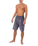 Front view of Bermuda style shorts of white and navy joyous Japanese pyjamas