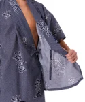Inner tie detail of white and navy joyous Japanese pyjamas