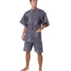 Front view of model wearing white and navy joyous Japanese pyjamas