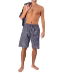 Front view of model wearing white and navy joyous Japanese pyjamas shorts