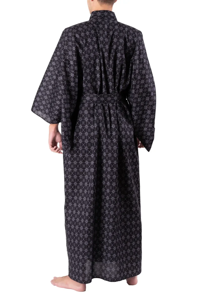 Back view of model wearing black argyle yukata kimono